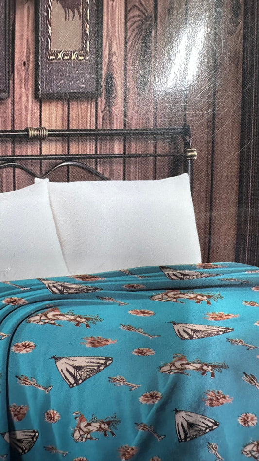 THIN THROW BLANKET - Indians and Cowboys blue -TWIN