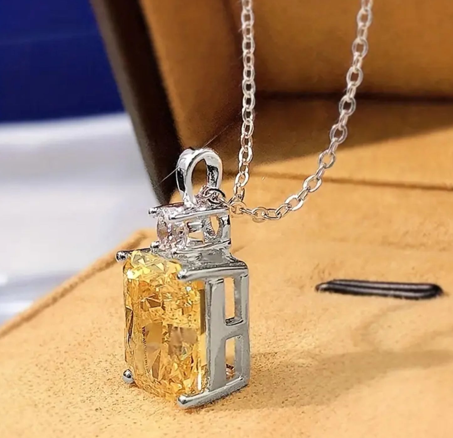 Square Cut Citrine Pendant Necklace