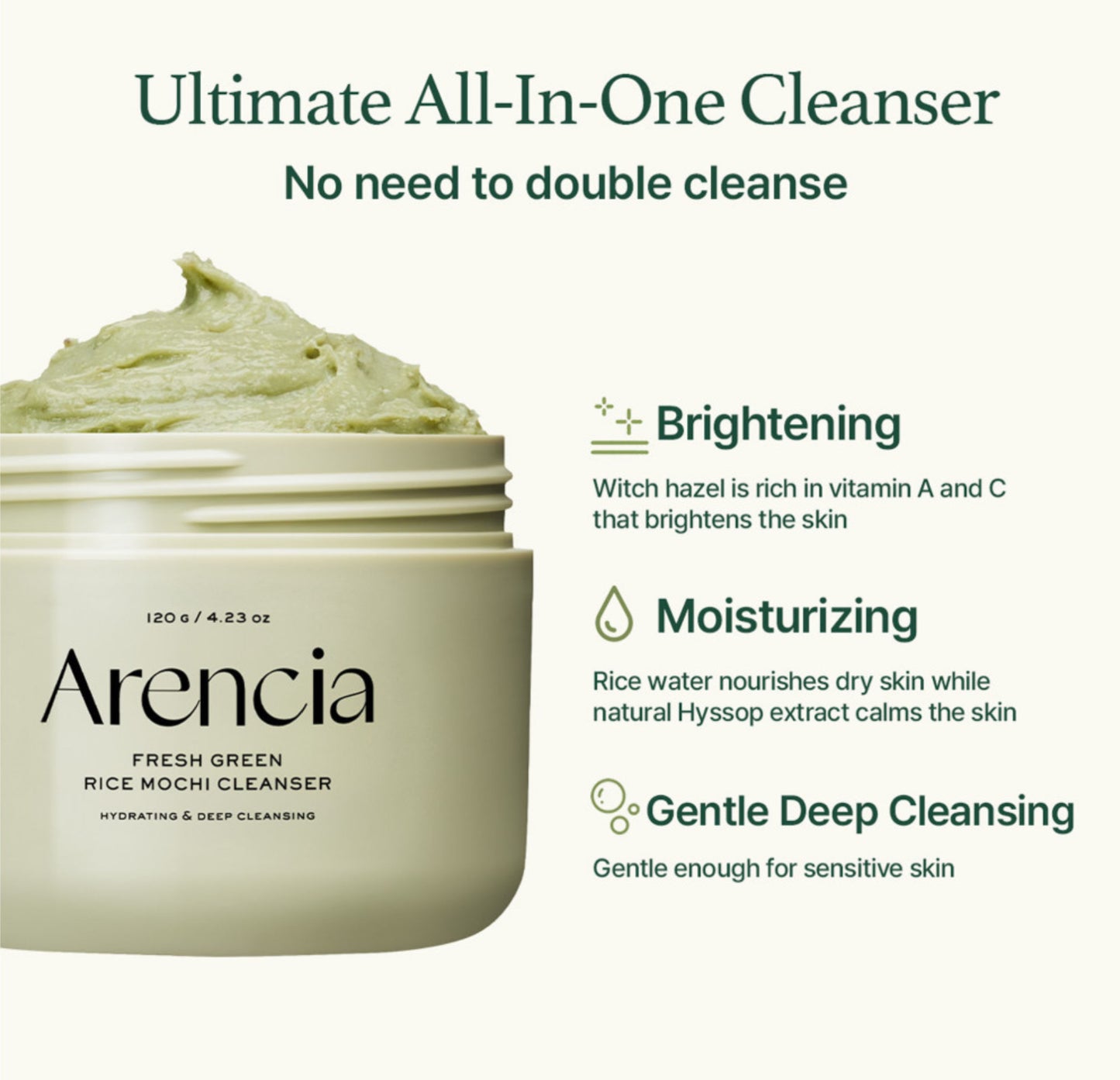 ARENCIA FRESH GREEN RICE MOCHI CLEANSER 120G / 4.23 FL.OZ