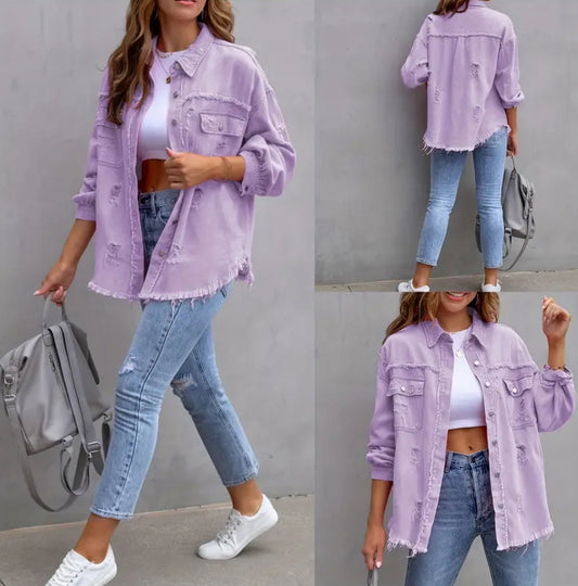 Women'sCasual Denim Jacket - Purple