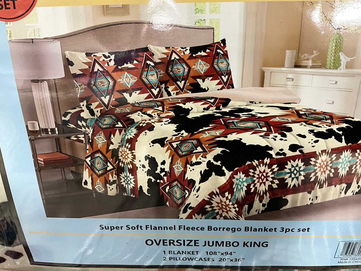 Western Cowhide Borrego 3pc Set Blanket- Oversize Jumbo King