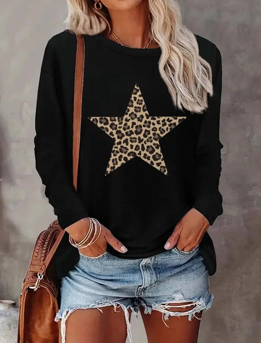 Women's Leopard Print Star Long Sleeve Crewneck Top - BLACK