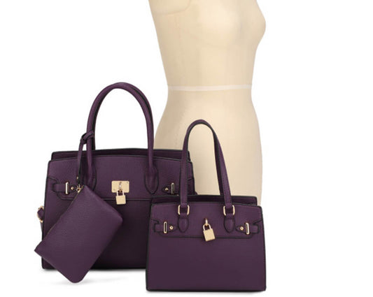 3in1 Plain Key Lock Design Tote Bag with Bag Set US-30067A PURPLE