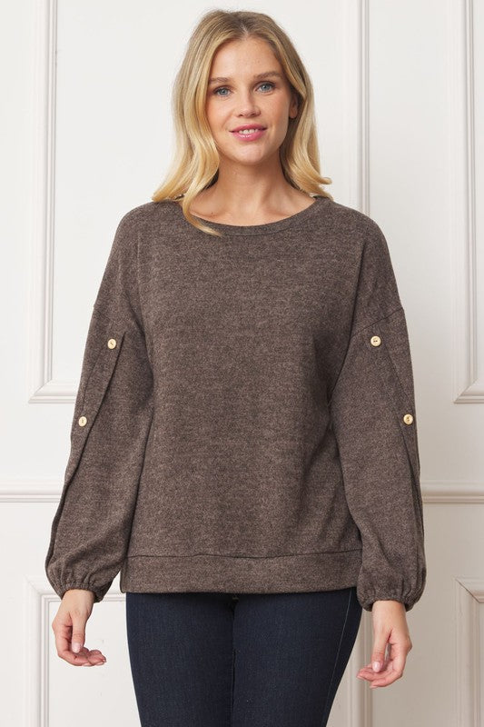 Plus Drop Shoulder Button Sleeve Detail Top