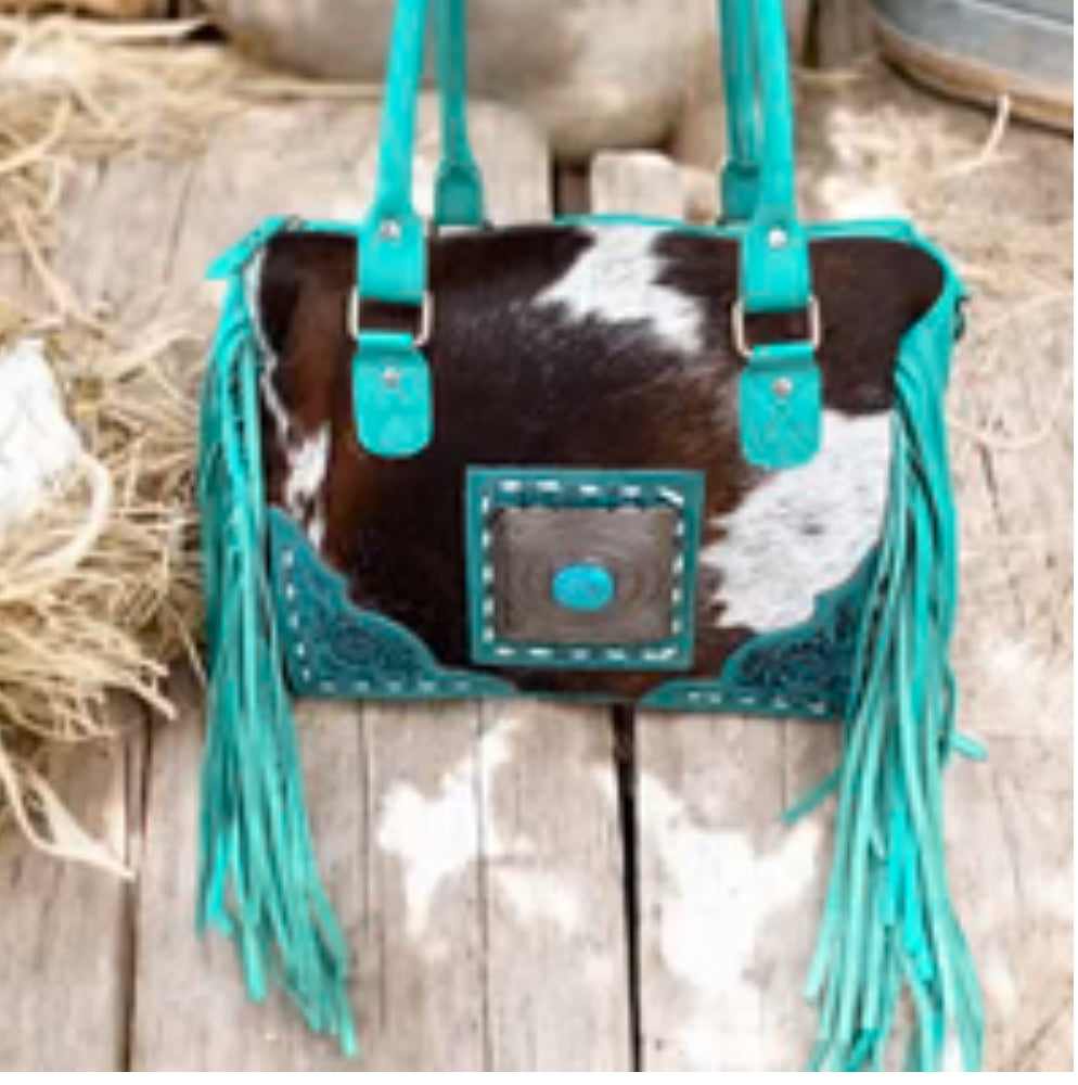 TURQUOISE FRINGE SPEEDY COWHIDE CONCHOS
