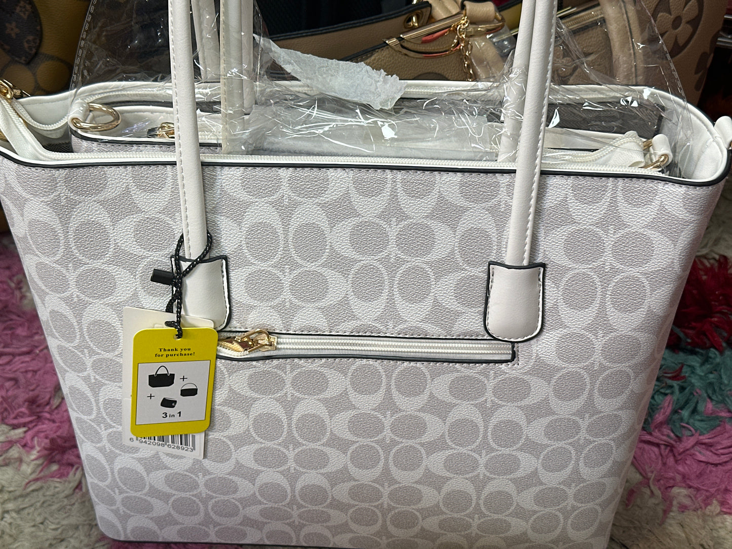 3in1 Monogram Print Tote Bag With Bag Wallet. FT-8233S WT