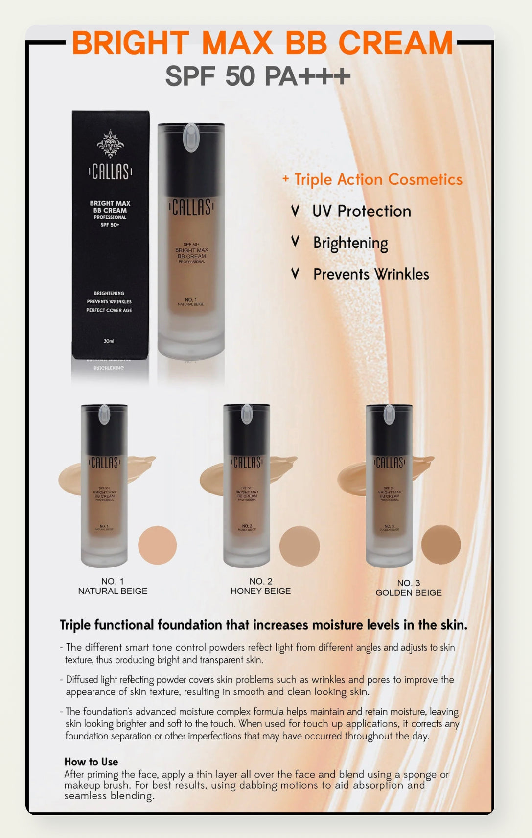 CALLAS Bright Max BB Cream Professional SPF50+ 01 Natural Beige