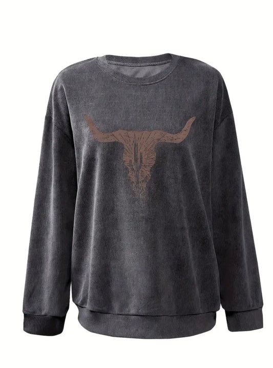 Long Sleeve Western Style Sweatshirt -DEEP GRAY
