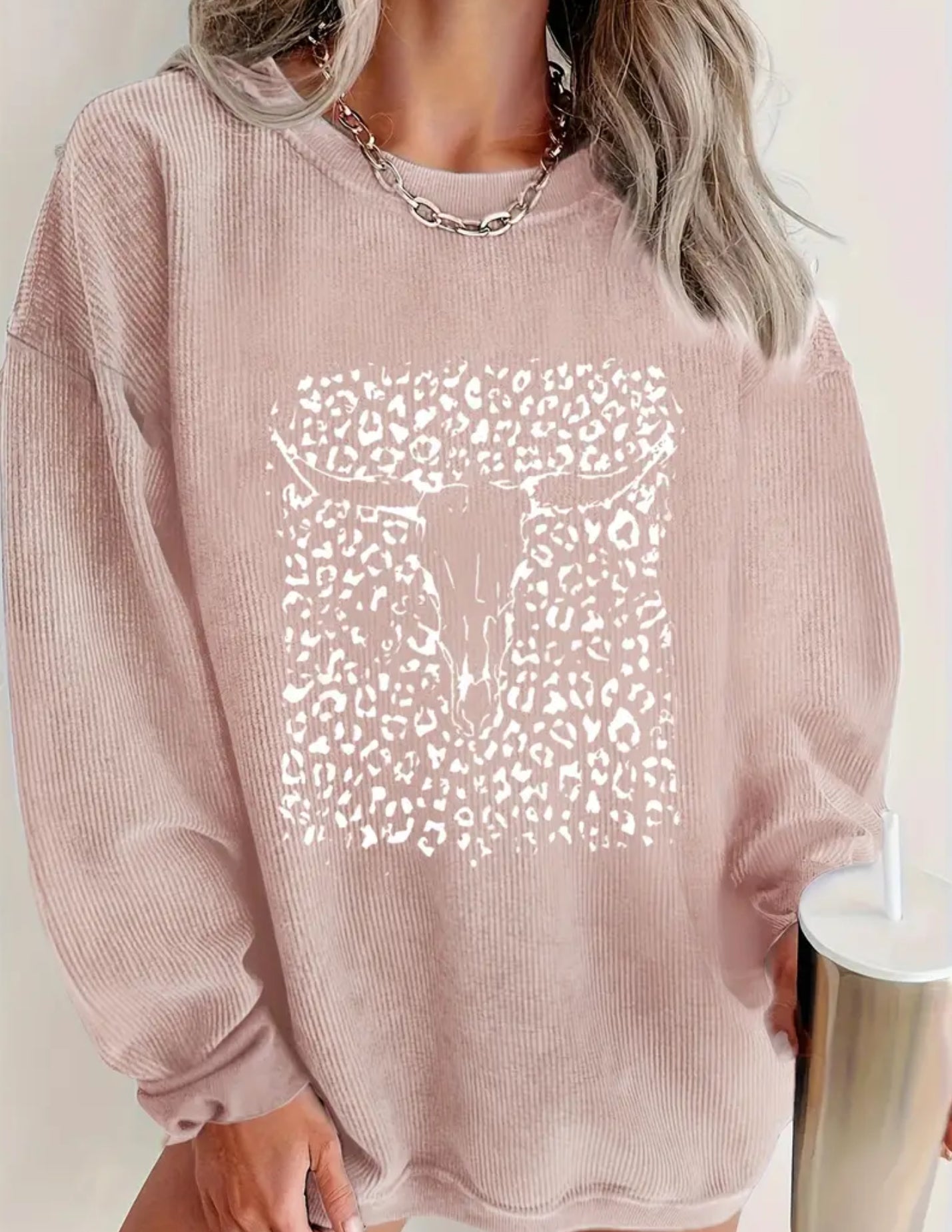 Animal Print Pullover Sweatshirt- Pink