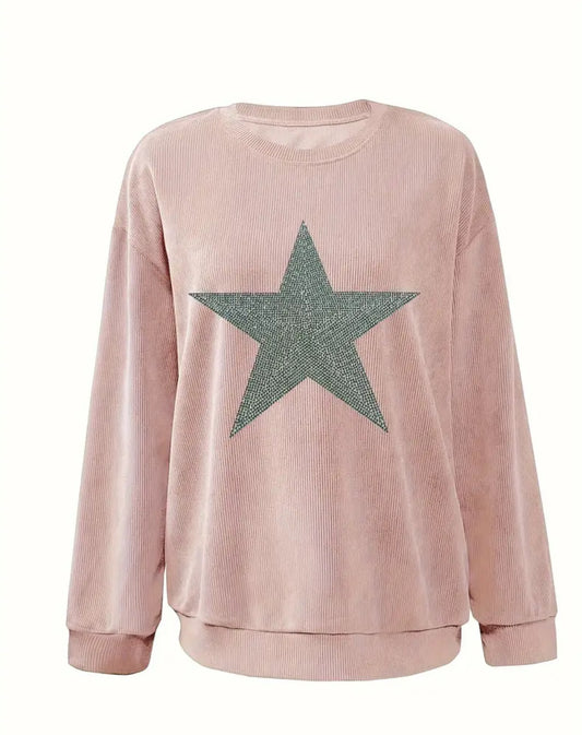 Pink Rhinestone Crew Neck Long Sleeve Sweatshirt-Pink