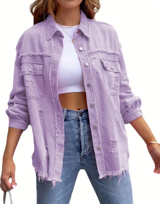 Women'sCasual Denim Jacket - Purple