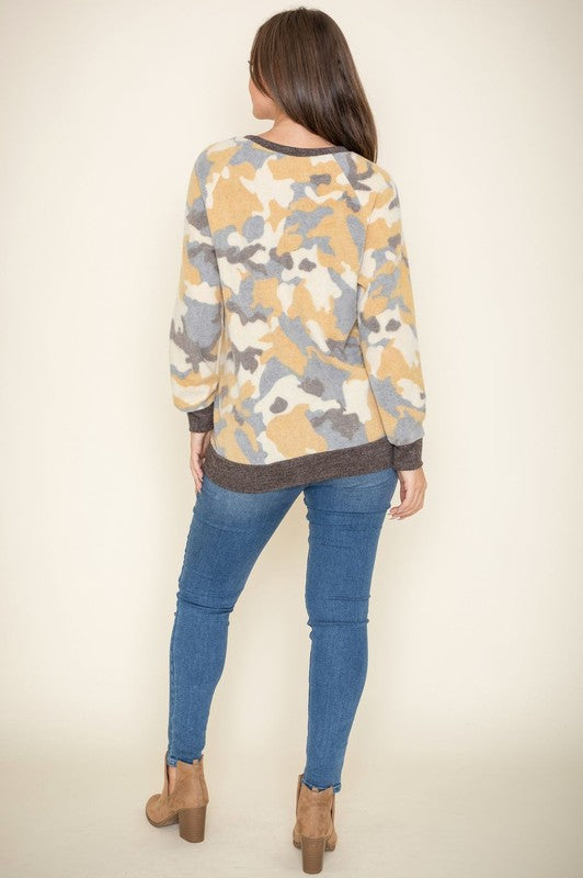 PLUS Camo raglan v stitch brushed pullover