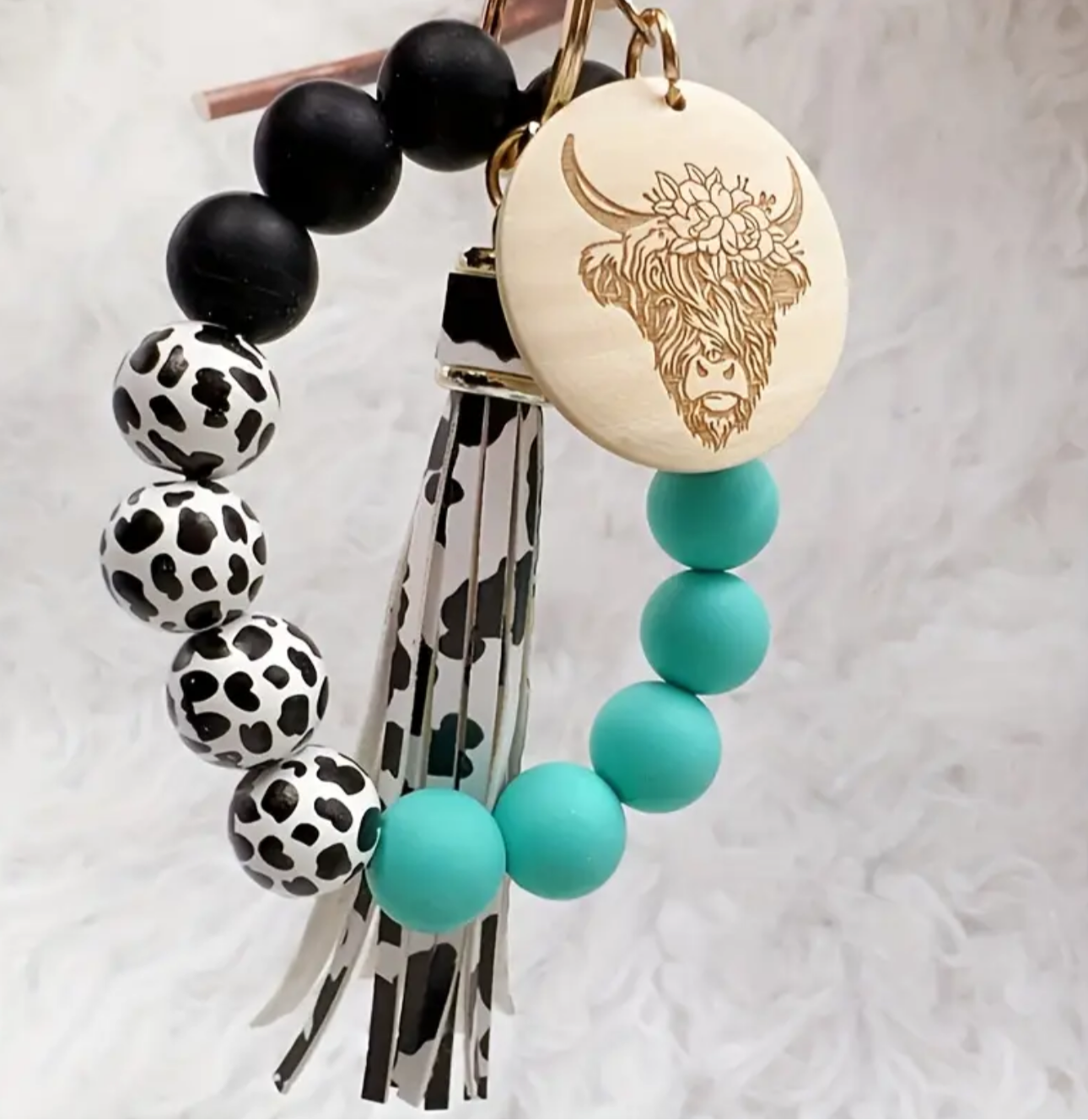 Cow Print Beaded Keychain