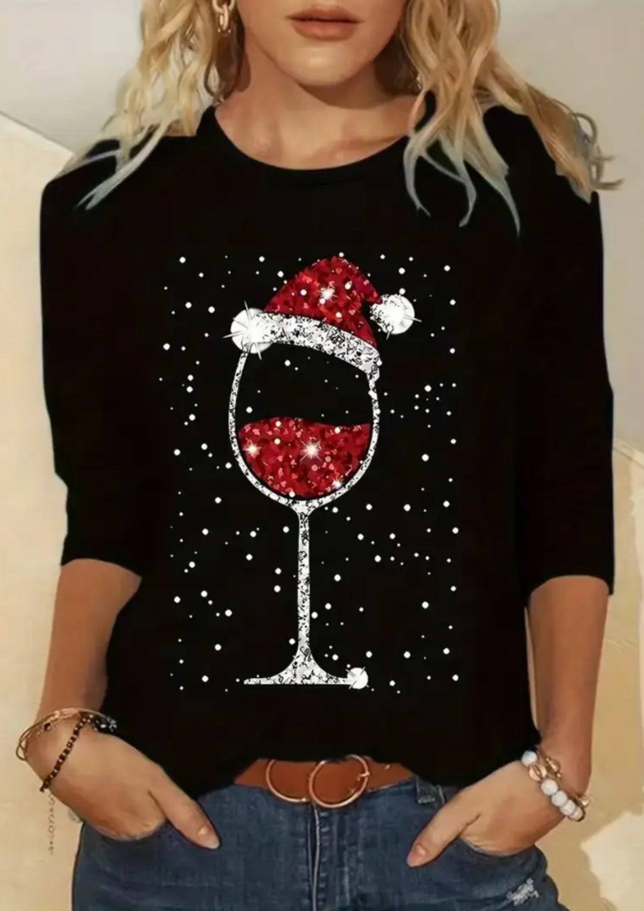 Black Christmas Wine Graphic & Santa Hat Print T-Shirt