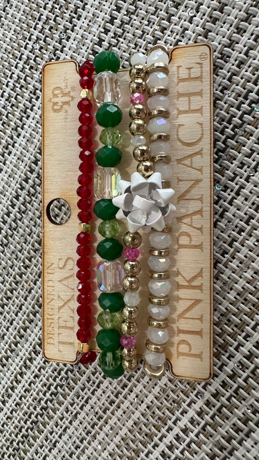 White Bow with Green and Red Stack (Austrian Crystals)