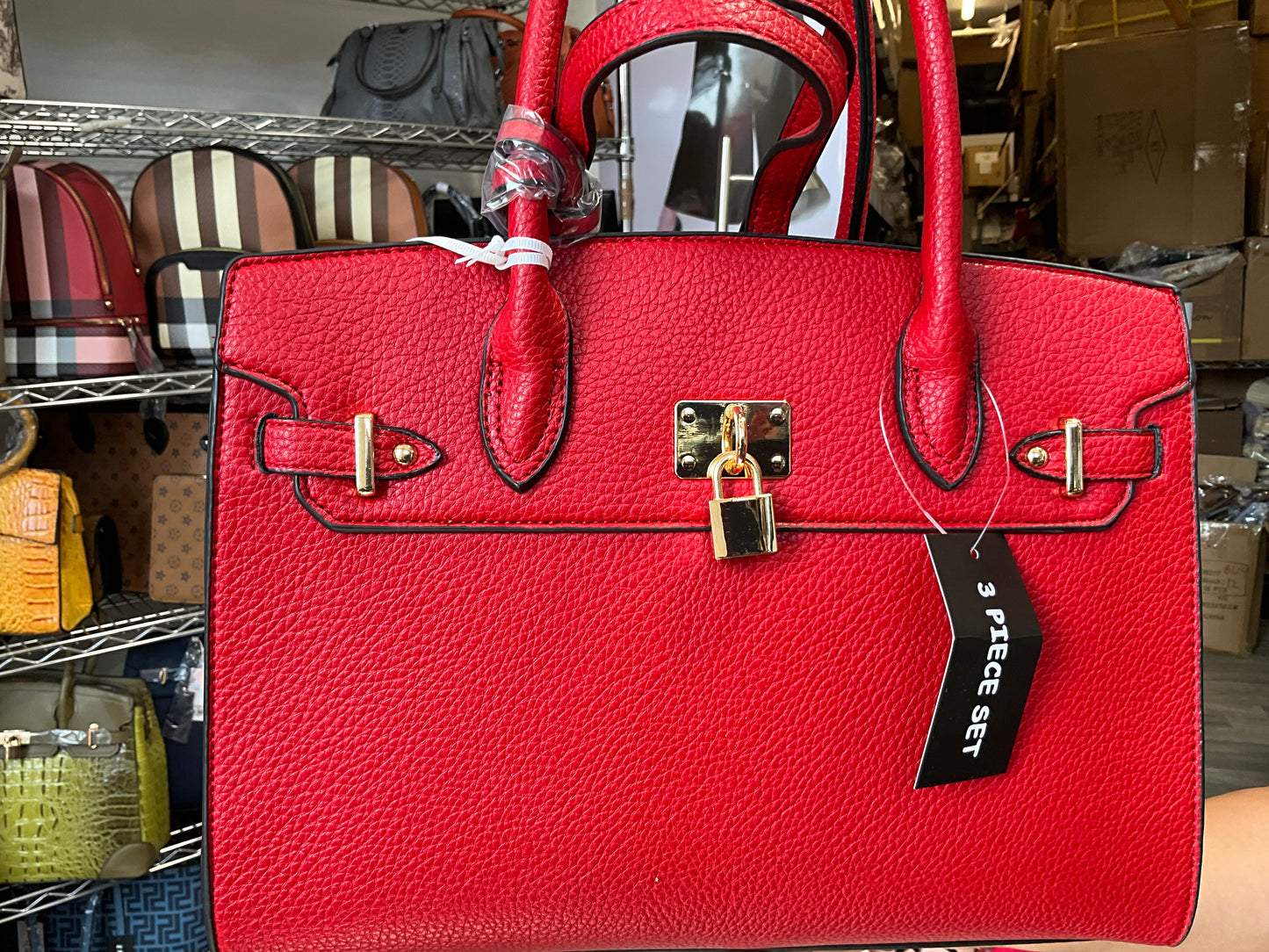 3in1 Plain Key Lock Design Tote Bag with Bag Set US-30067A RED