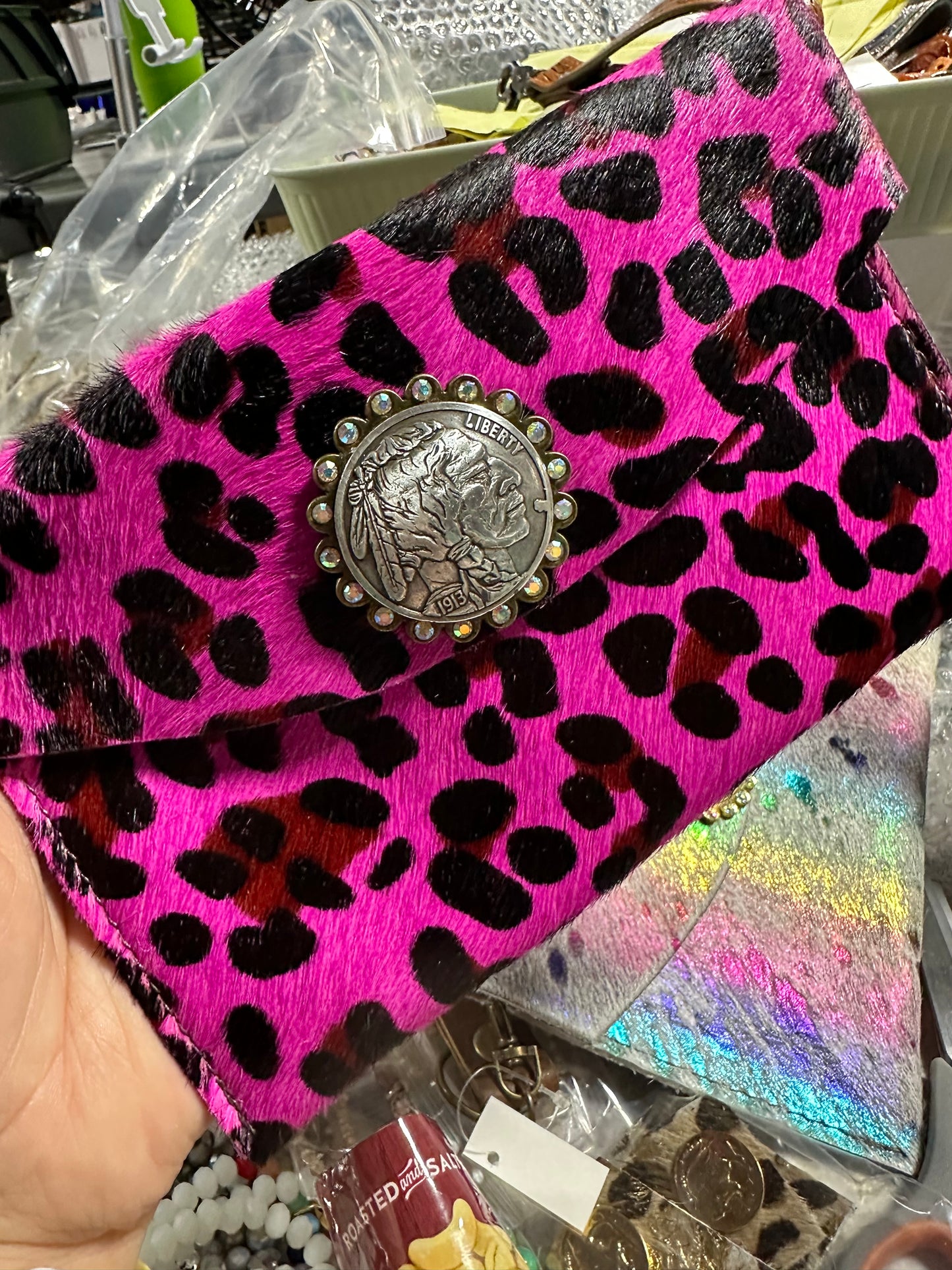 Pink leopard buffalo wristlet