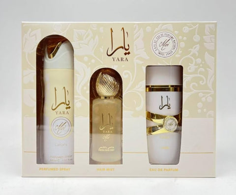 White YARA Moi Collection Gift Set, Eau de Parfum 3.4 Oz, Hair Mist 1.7 Oz, Body Spray