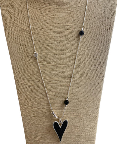 BLACK HEART SILVER LONG NECKLACE