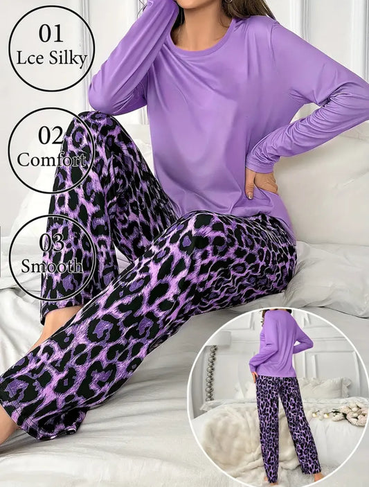 Cozy Purple Leopard Print Women's  Pajama Set. Size XXL