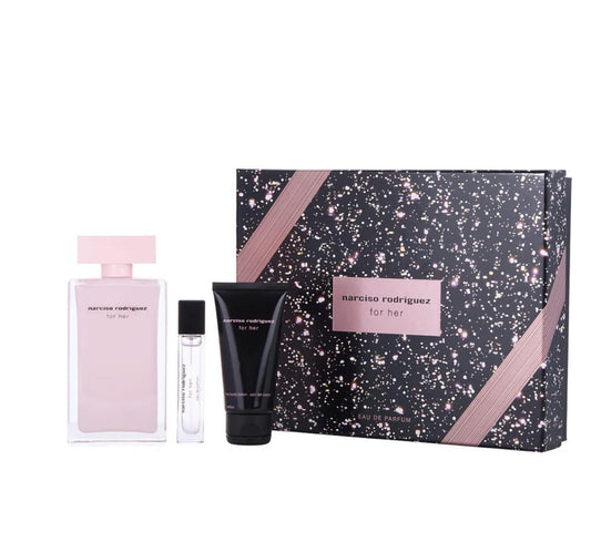 Narciso Rodriguez For Her 3-Piece Gift Set | 3.3 oz EDP, 0.33 oz Travel Spray, 1.6 oz Body Lotion