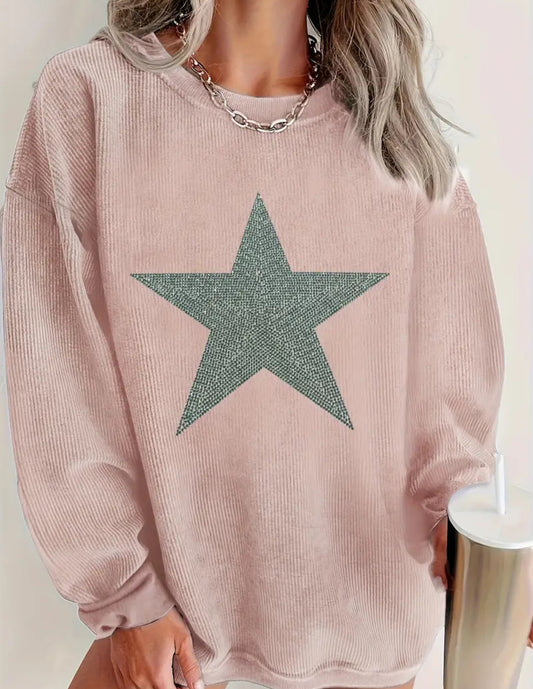 Pink Rhinestone Crew Neck Long Sleeve Sweatshirt-Pink