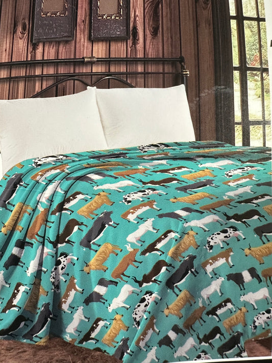 THIN THROW BLANKET - GREEN & COWPRINT