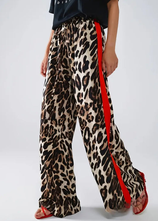 Leopard Print Wide-Leg Pants with Red Stripe