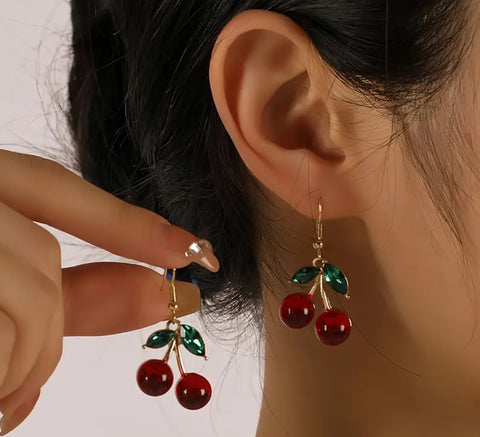 14K Golden Plated Red Cherry Drop Earrings