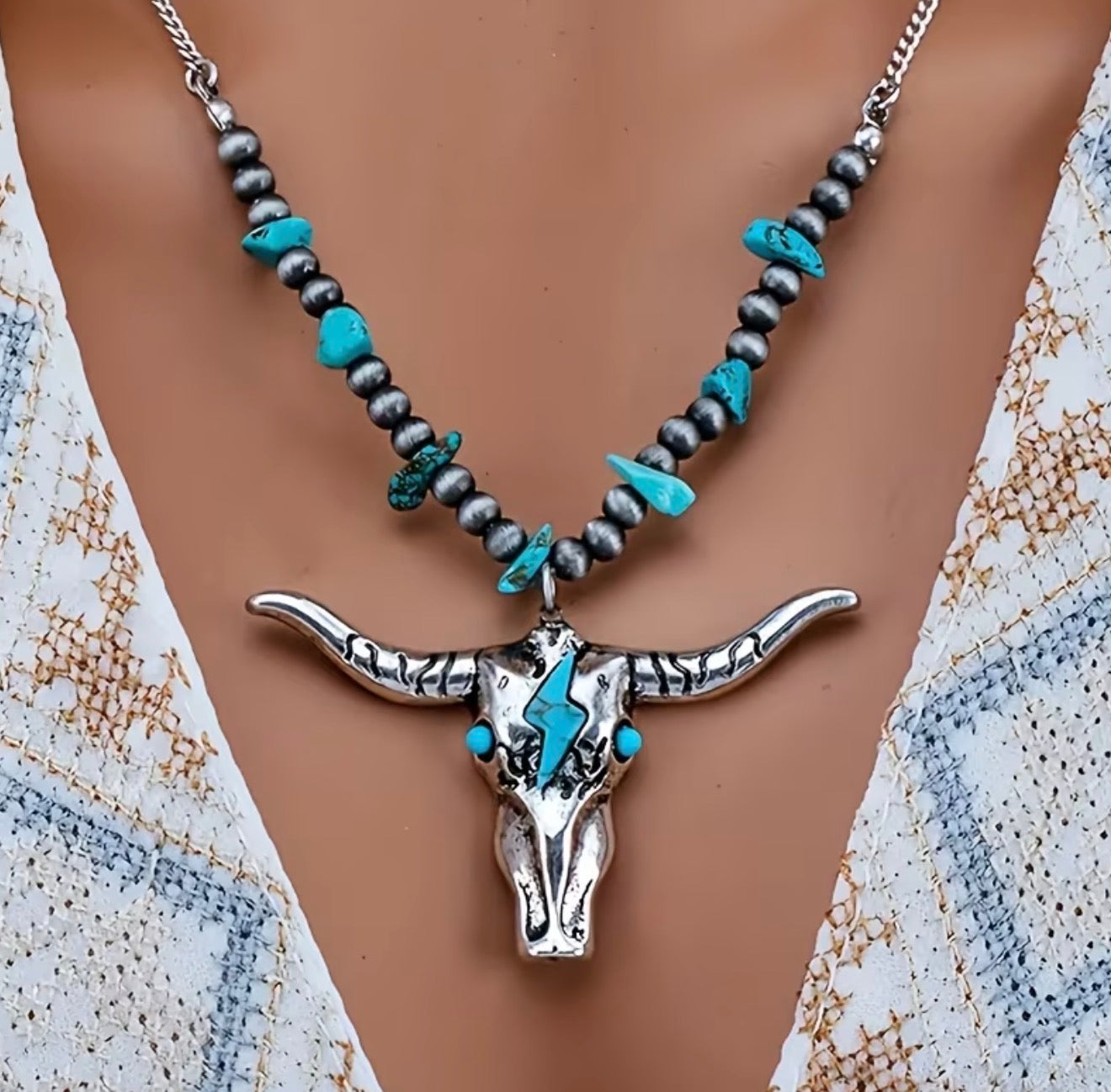 Bohemian Bull Head Turquoise Pendant Necklace