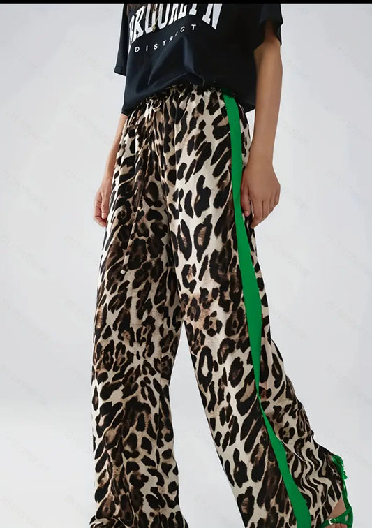 Leopard Print Wide-Leg Pants with GREEN Stripe