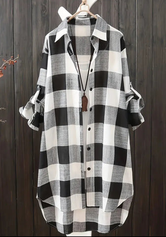 Black Long Women's Plaid Shirt | Chic Blouse | Korean Style