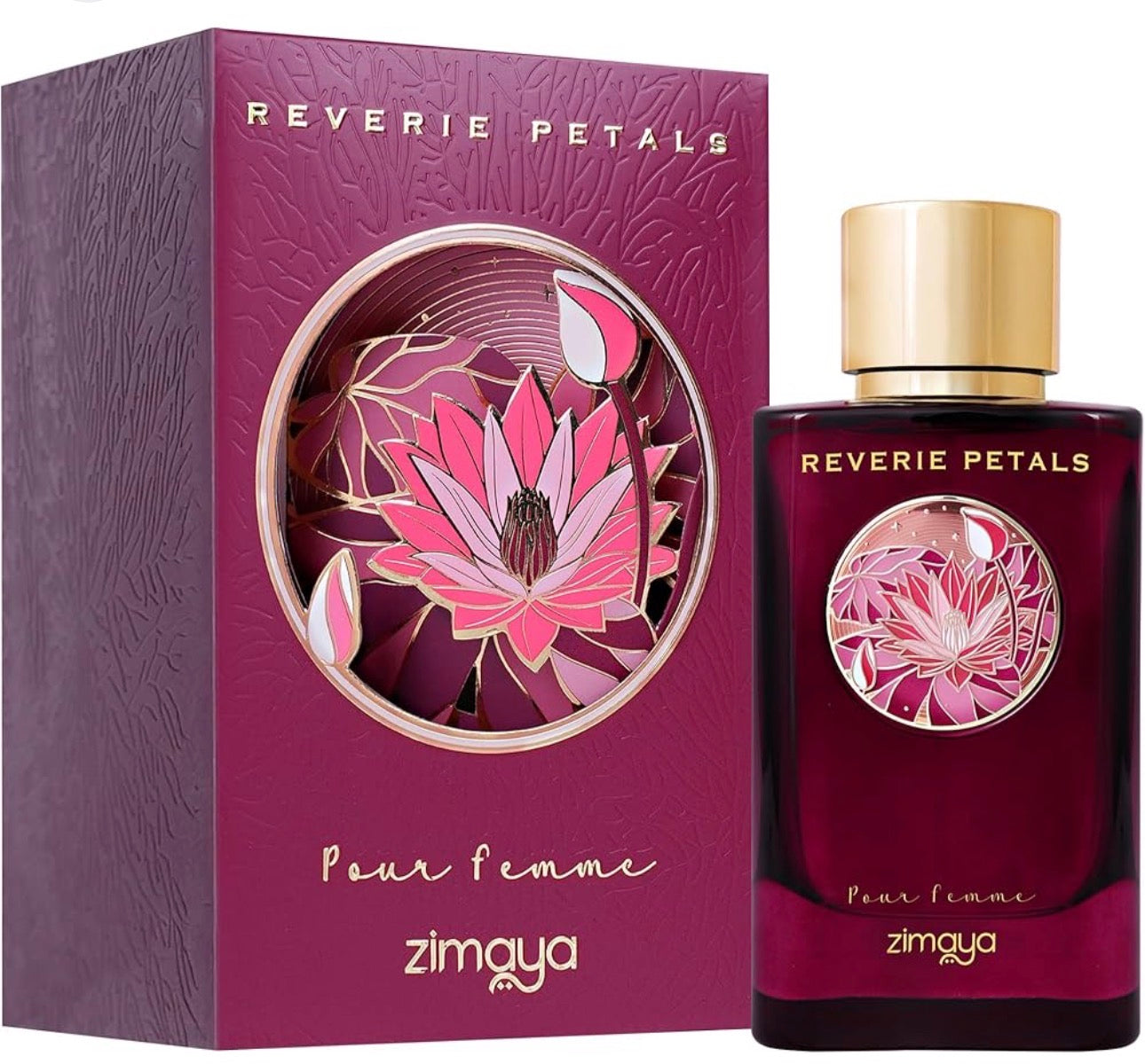 The image shows a box of Zimaya Reverie Petals Pour Femme Eau de Parfum.