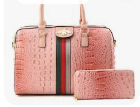 Bumblebee Handbag + Wallet, Faux Leather Croc Striped