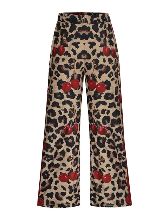 Cherry And Leopard Print Wide-leg Pants