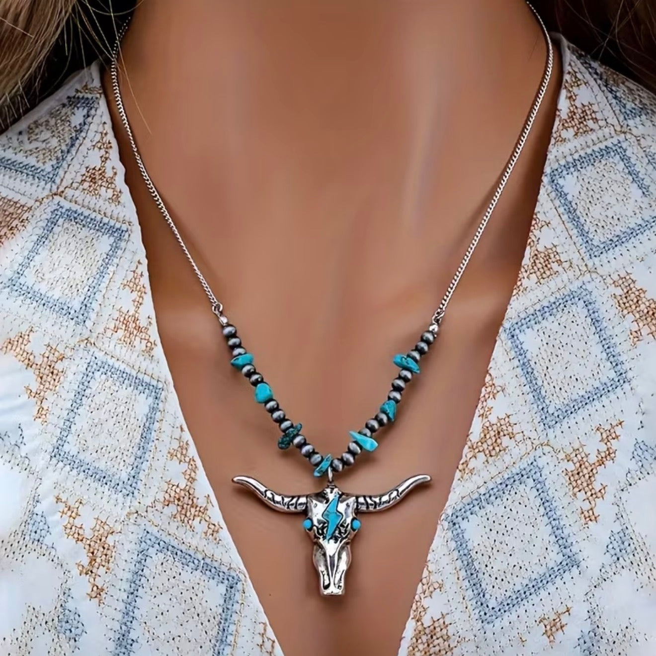 Bohemian Bull Head Turquoise Pendant Necklace