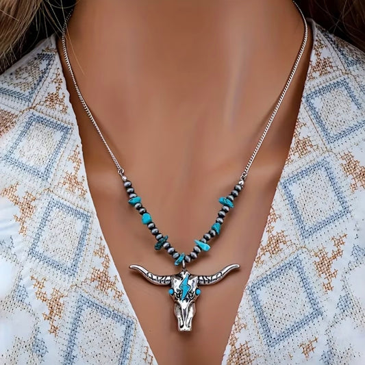 Bohemian Bull Head Turquoise Pendant Necklace