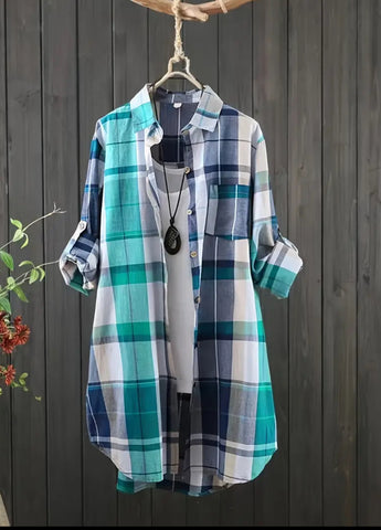 Blue Long Women's Plaid Shirt | Chic Blouse | Korean Style