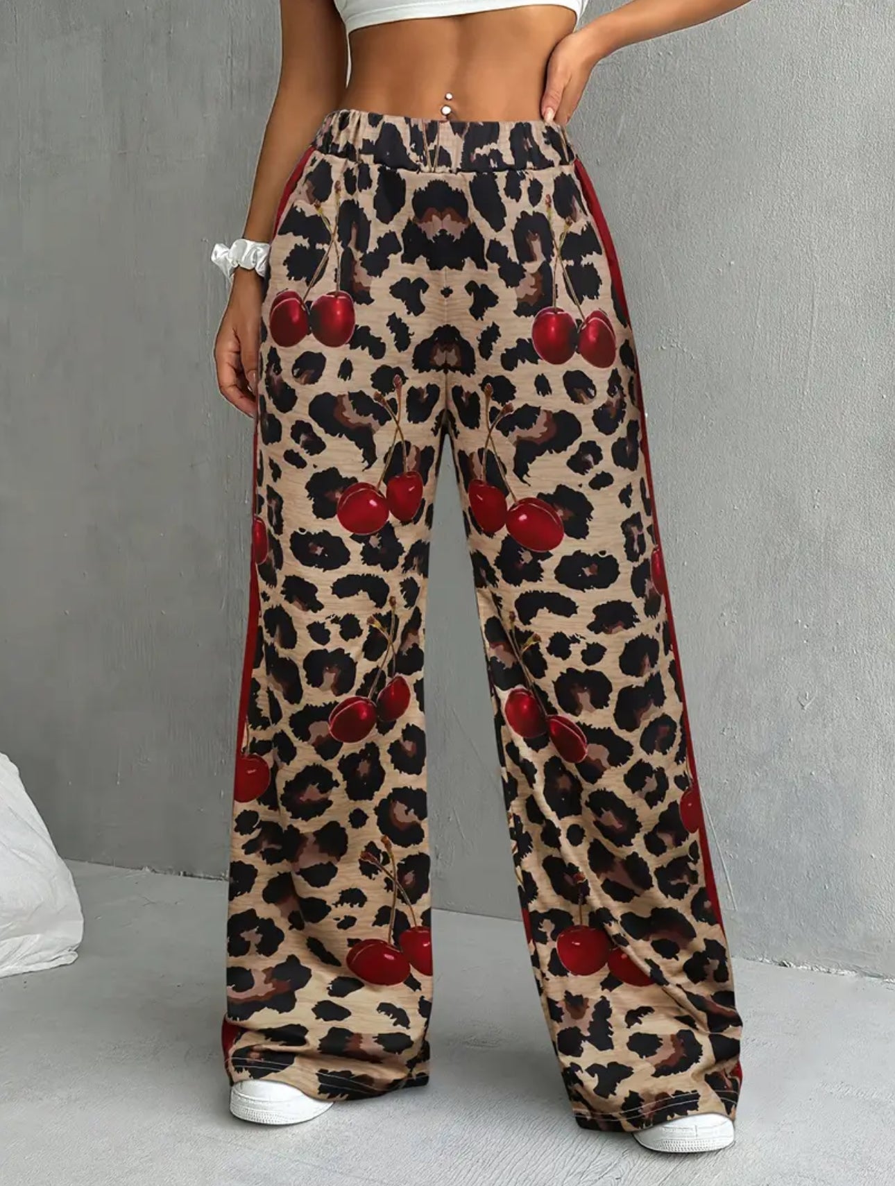 Cherry And Leopard Print Wide-leg Pants