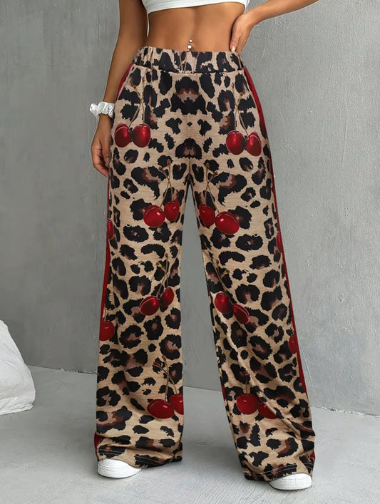 Cherry And Leopard Print Wide-leg Pants
