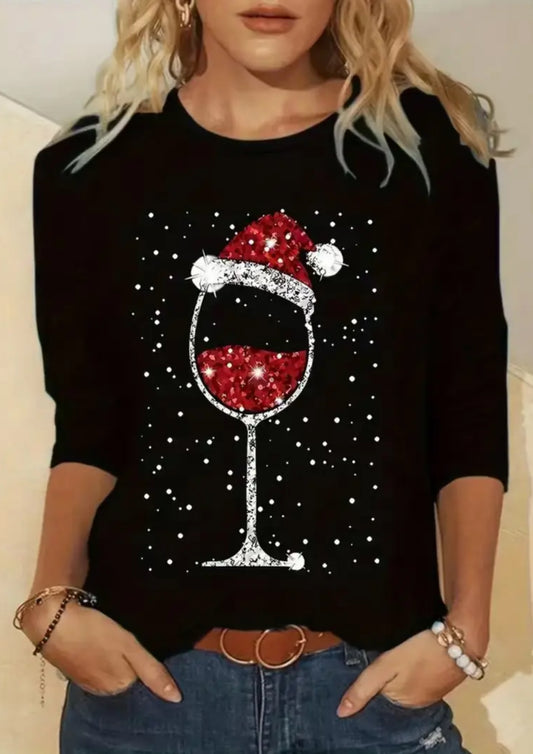 Black Christmas Wine Graphic & Santa Hat Print T-Shirt