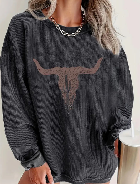 Long Sleeve Western Style Sweatshirt -DEEP GRAY