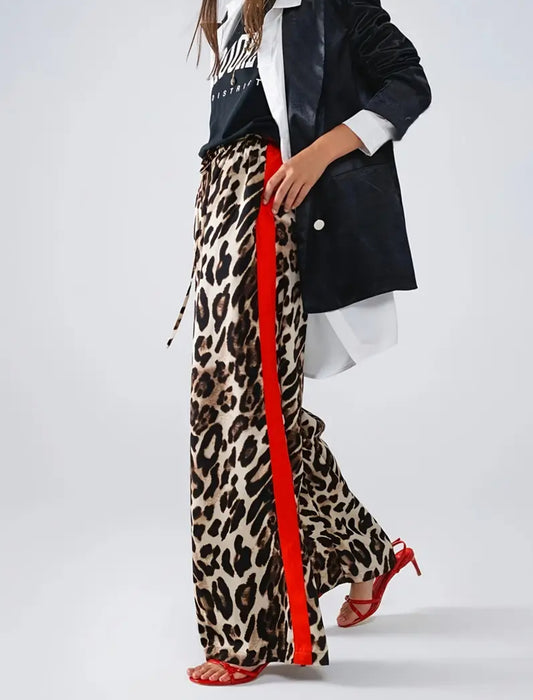 Leopard Print Wide-Leg Pants with Red Stripe