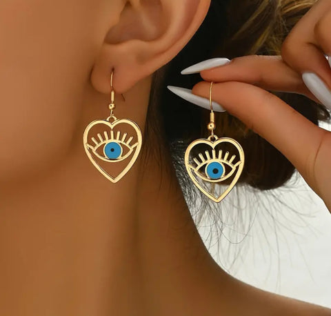 Heart-Shaped Blue Eye Earrings